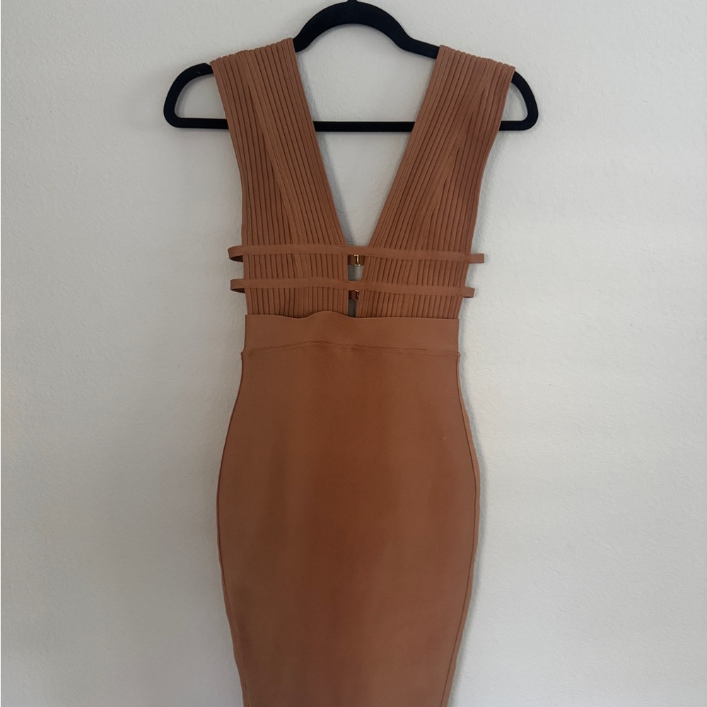 House of CB style Bandage Bodycon Midi Dress Brown